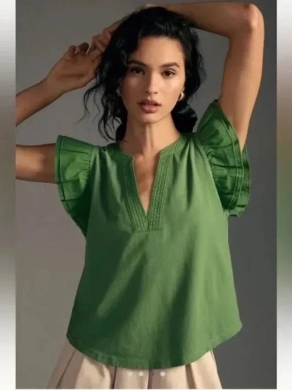 MAEVE ANTHROPOLOGIE RUFFLE SLEEVE GREEN TOP